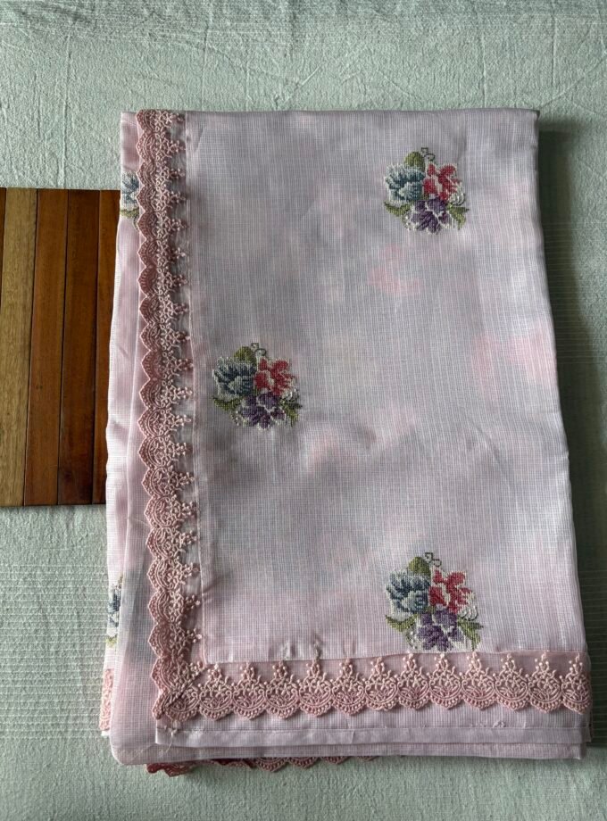 Floral Cross Stitch Embroidered Kota Saree (Pink) by Ikhtirah
