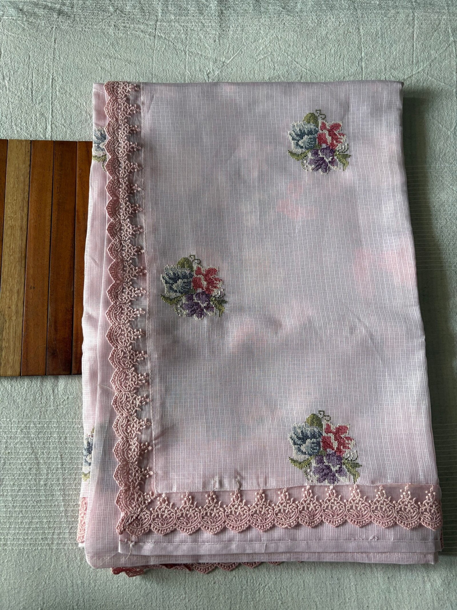 Floral Cross Stitch Embroidered Kota Saree (English Grey) by Ikhtirah - Image 4