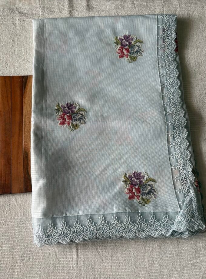 Floral Cross Stitch Embroidered Kota Saree (English Grey) by Ikhtirah