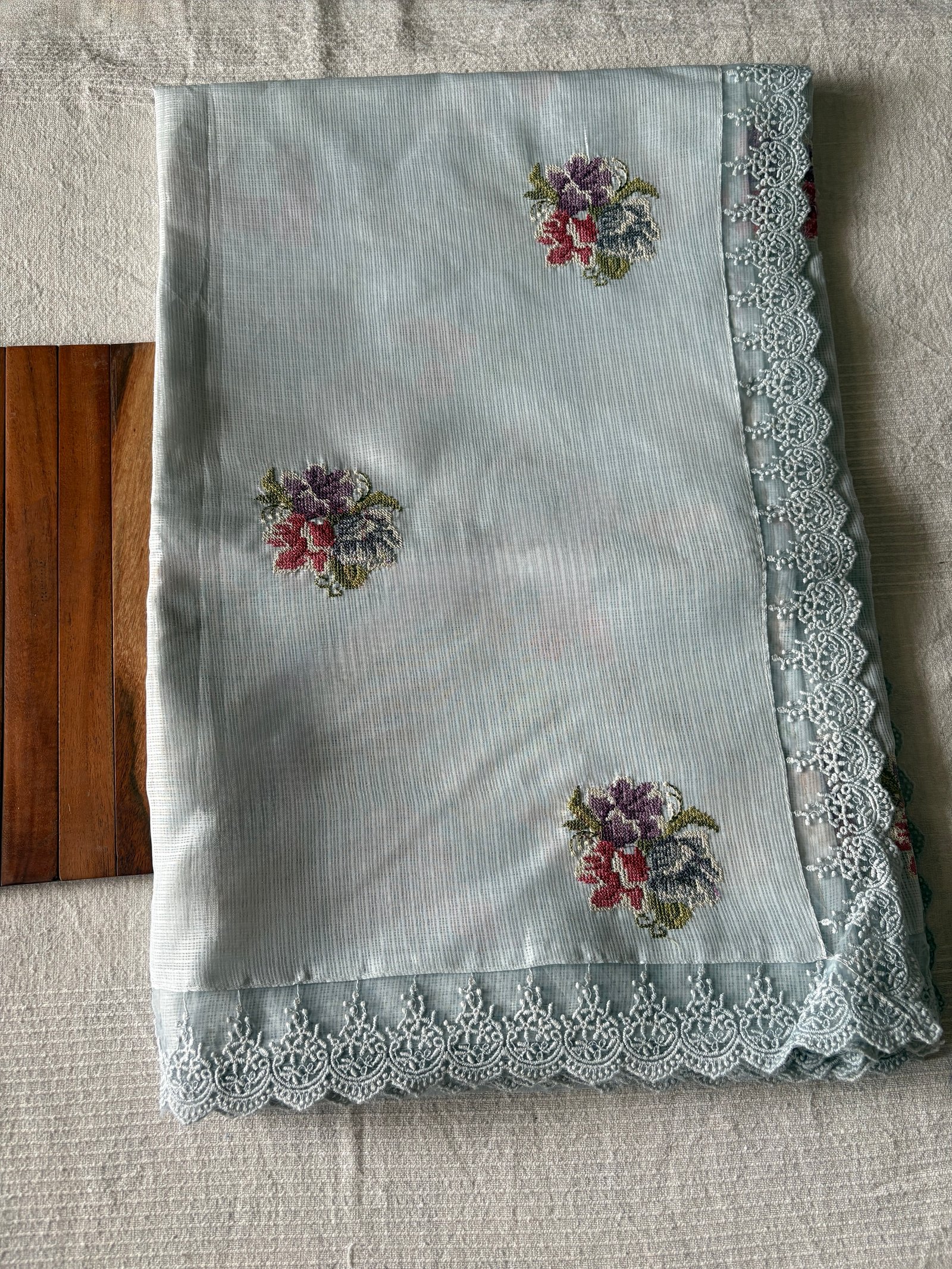 Floral Cross Stitch Embroidered Kota Saree (English Grey) by Ikhtirah