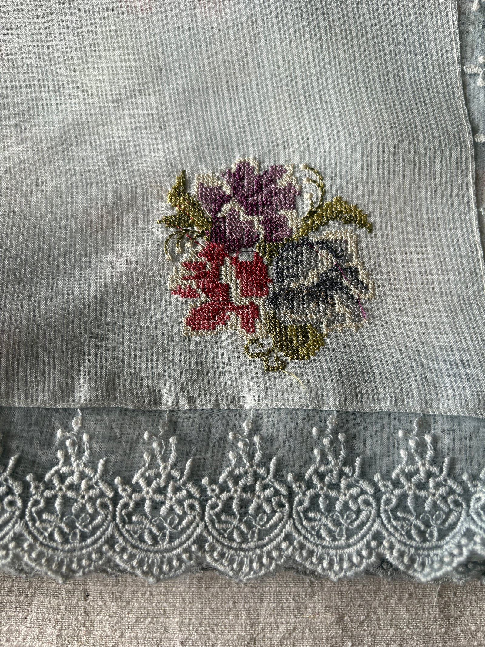 Floral Cross Stitch Embroidered Kota Saree (English Grey) by Ikhtirah - Image 3