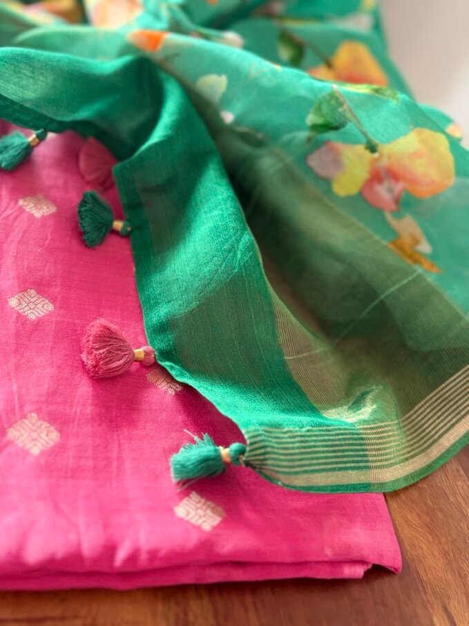 Pure Chanderi Silk Zari Woven Salwars with Exclusive Printed Dupattas by Ikhtirah