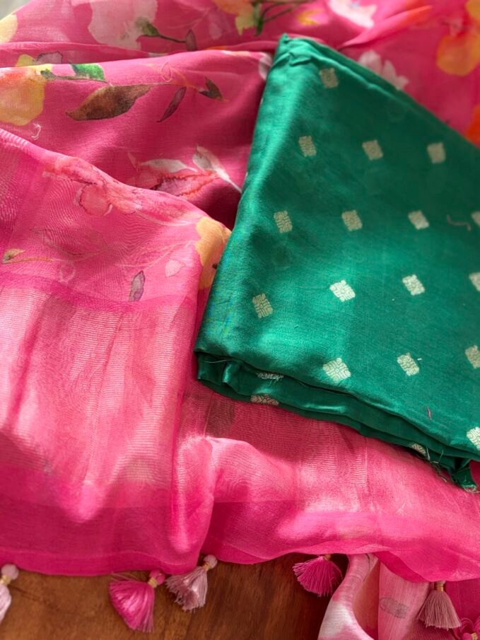 Pure Chanderi Silk Zari Woven Salwars with Exclusive Printed Dupattas by Ikhtirah