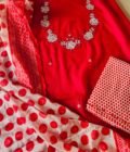 Manually Embroidered Pure Kota Salwars with Polka Cotton Mul Duppatas by Ikhtirah (Red)