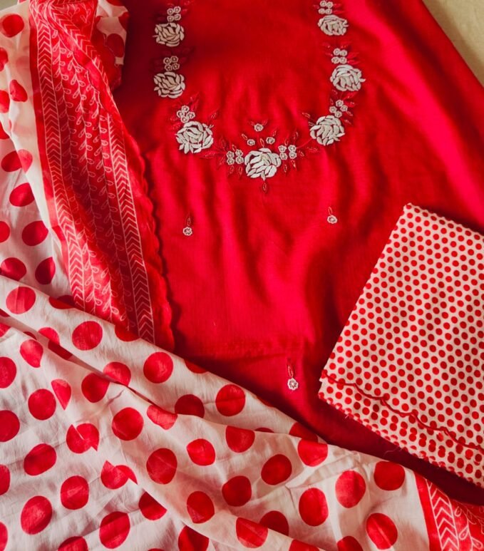 Manually Embroidered Pure Kota Salwars with Polka Cotton Mul Duppatas by Ikhtirah (Red)