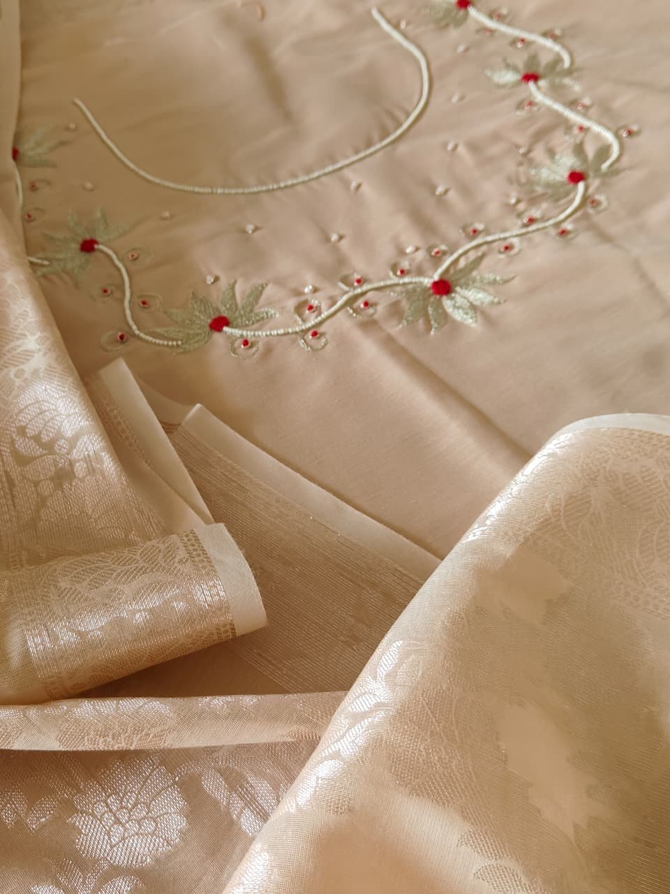 Hand Embroidered Cotton Silk Salwar Paired with Banarasi Dupatta by Ikhtirah (Beige) - Image 5