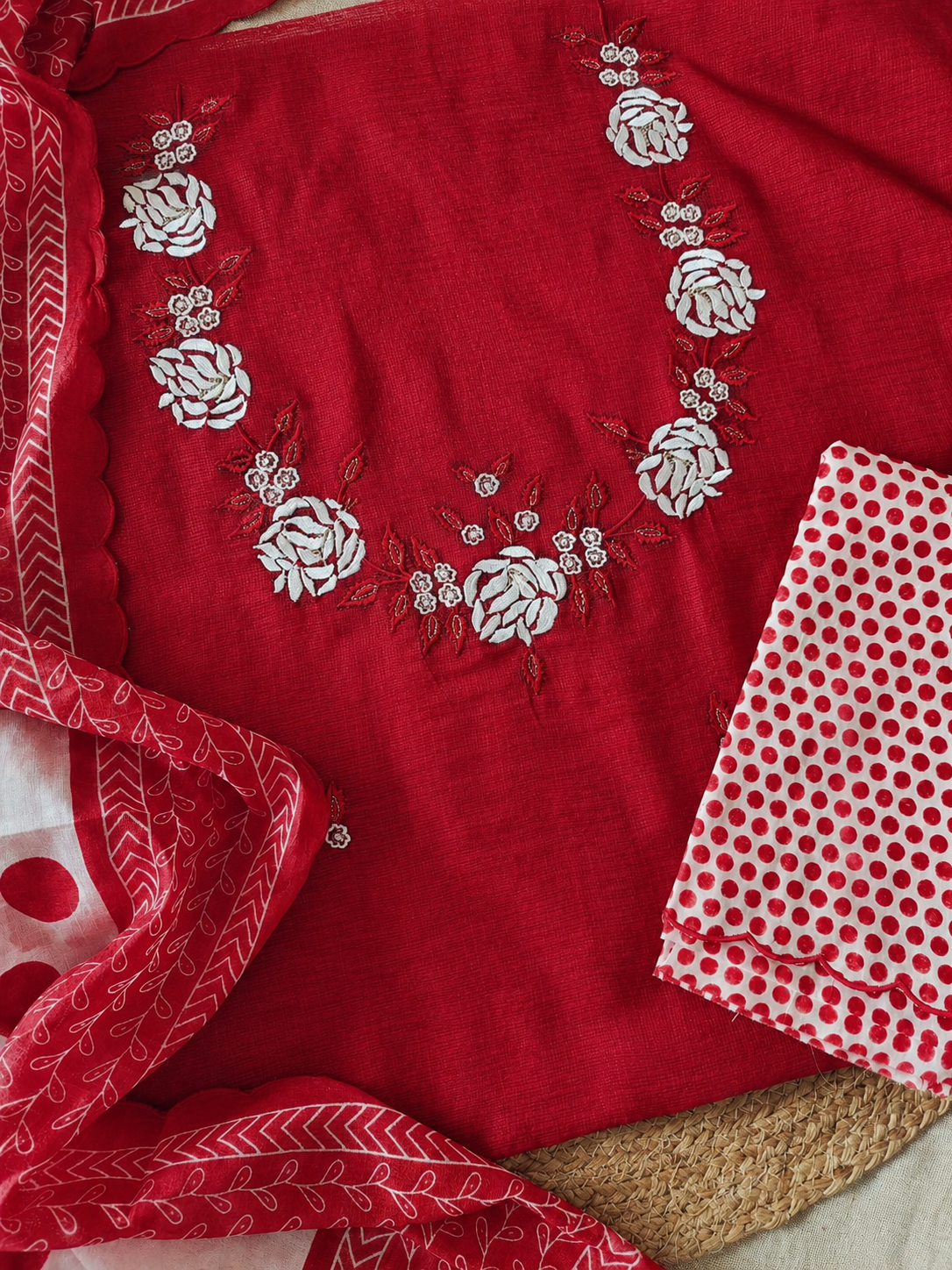 Manually Embroidered Pure Kota Unstitched Salwar Suit with Polka Cotton Mul Duppatas by Ikhtirah (Red) - Image 4