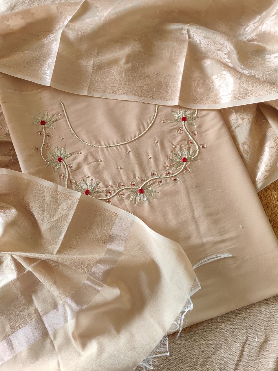 Hand Embroidered Cotton Silk Salwar Paired with Banarasi Dupatta by Ikhtirah (Beige) - Image 9