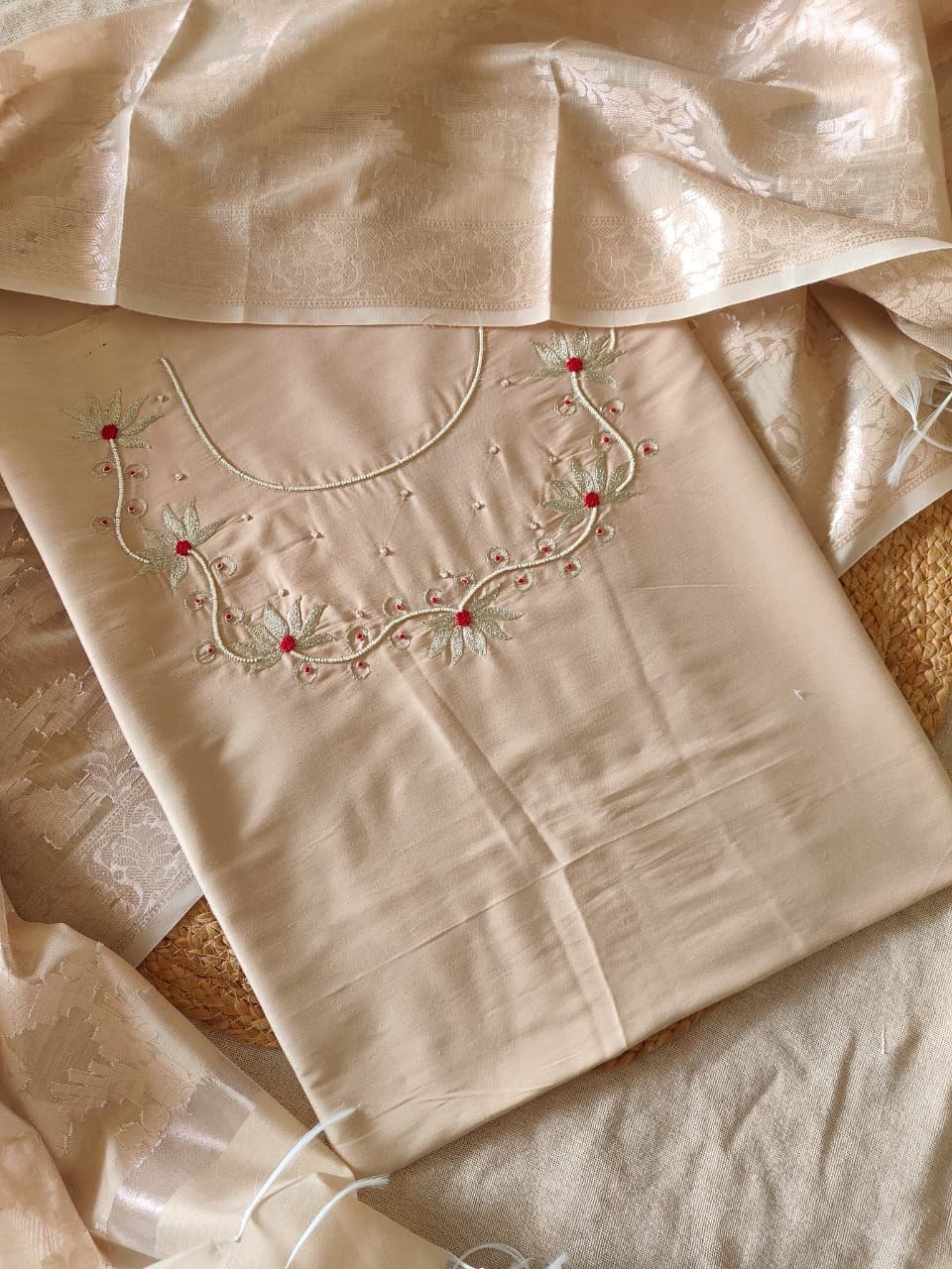 Hand Embroidered Cotton Silk Salwar Paired with Banarasi Dupatta by Ikhtirah (Beige) - Image 8