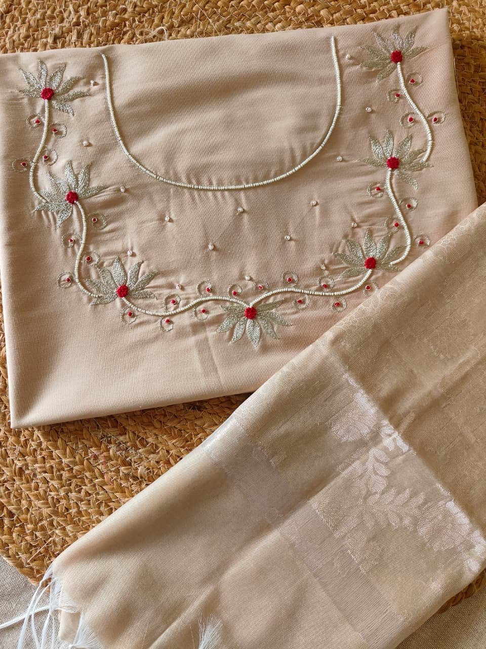 Hand Embroidered Cotton Silk Salwar Paired with Banarasi Dupatta by Ikhtirah (Beige) - Image 4