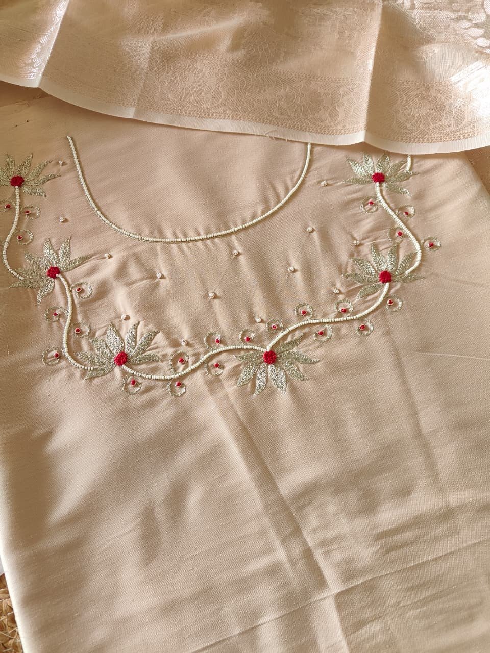 Hand Embroidered Cotton Silk Salwar Paired with Banarasi Dupatta by Ikhtirah (Beige) - Image 3
