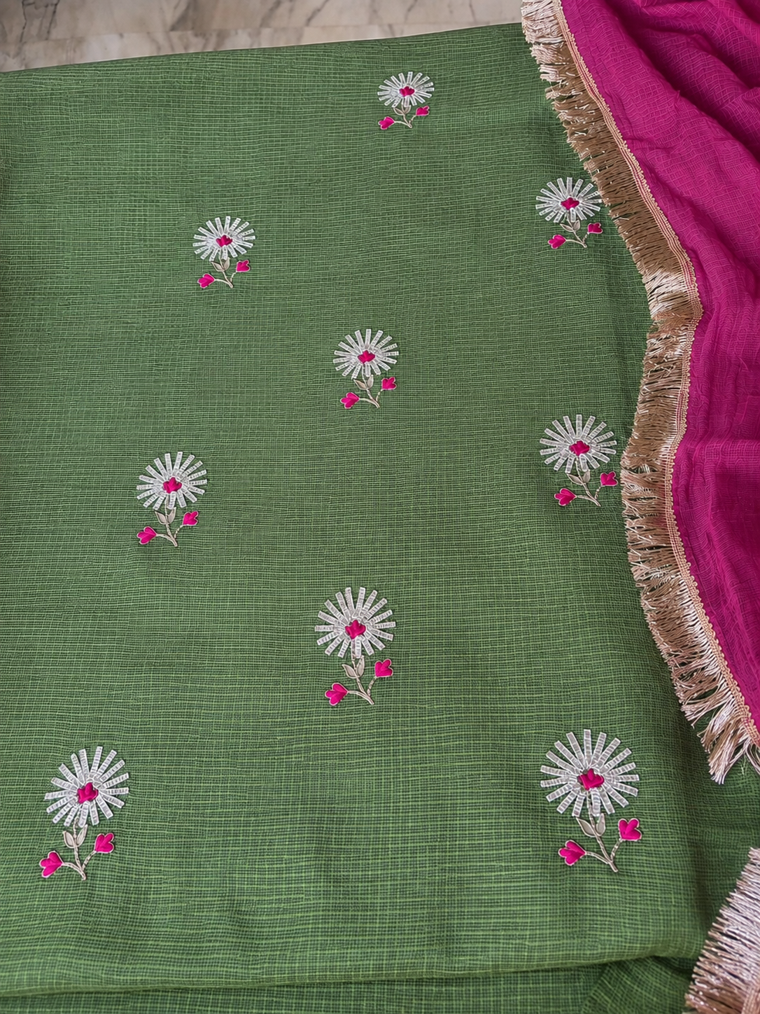 Hand Katcha Gota Embroidered Pure Cotton Kota by Kota Unstitched Salwar Suit - Image 3