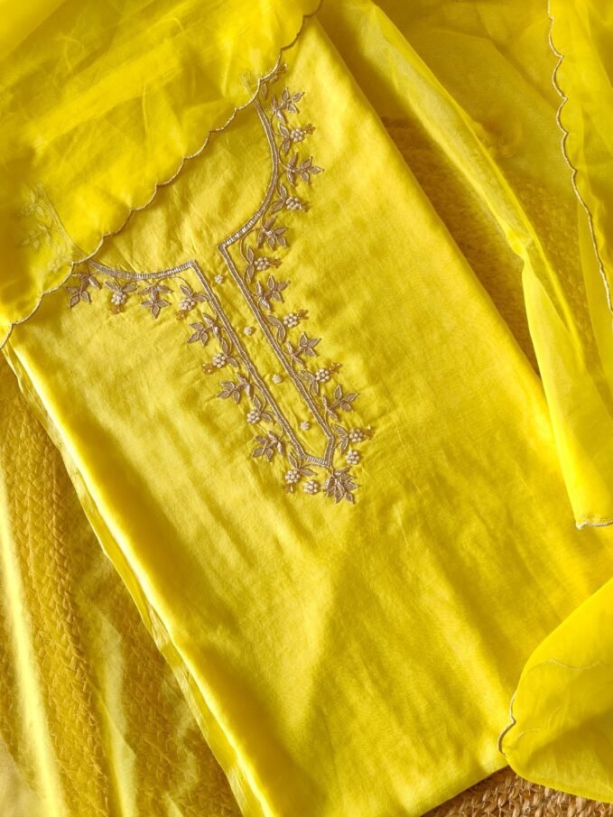 Hand Gotapatti Embroidered Mul Chanderi Salwars by Ikhtirah (Yellow)