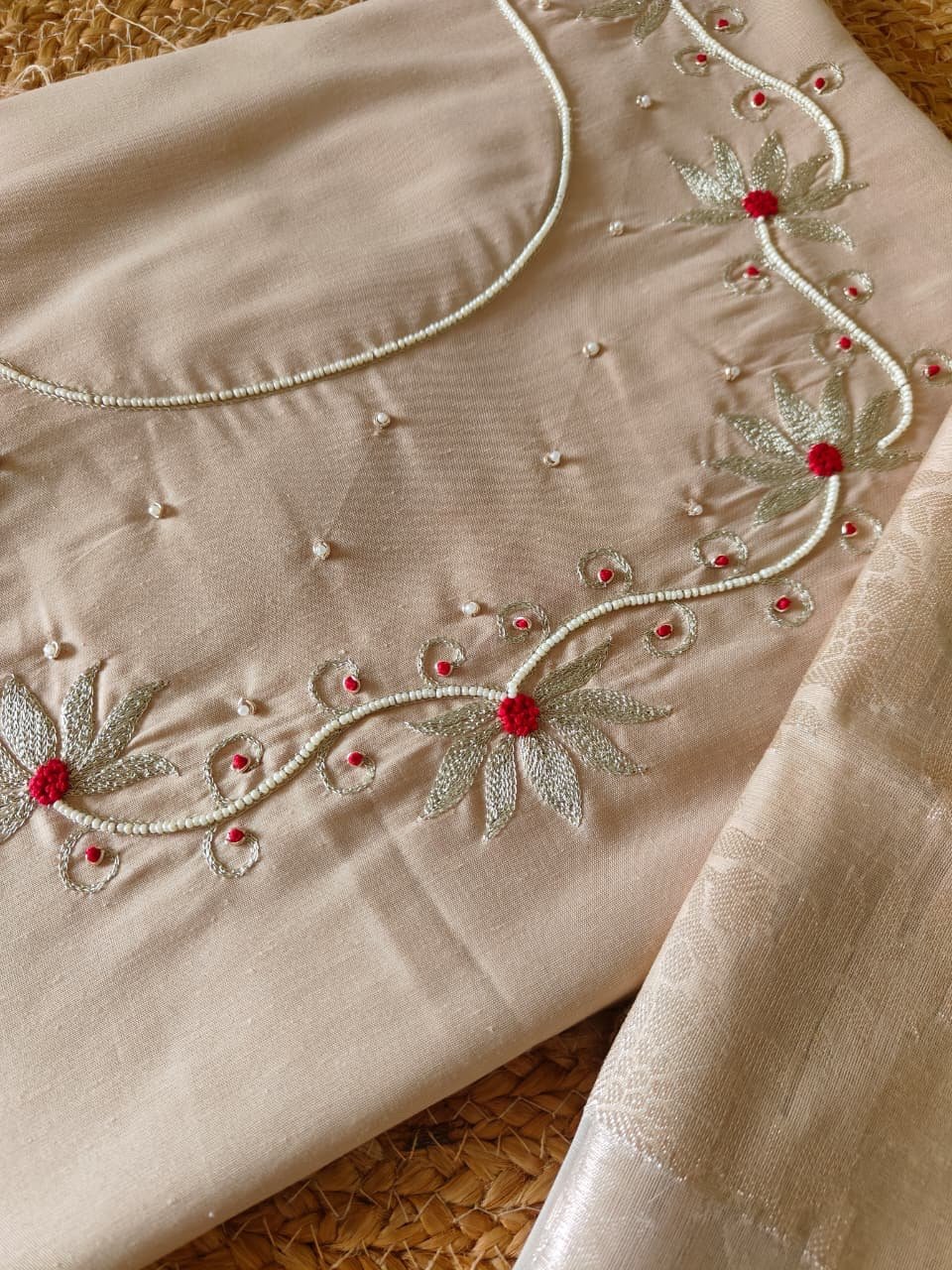 Hand Embroidered Cotton Silk Salwar Paired with Banarasi Dupatta by Ikhtirah (Beige) - Image 2