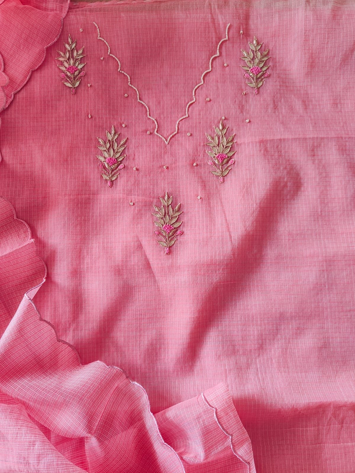 Hand Embroidered Pure Cotton Kota by Kota Salwars by Ikhtirah (Pink) - Image 2