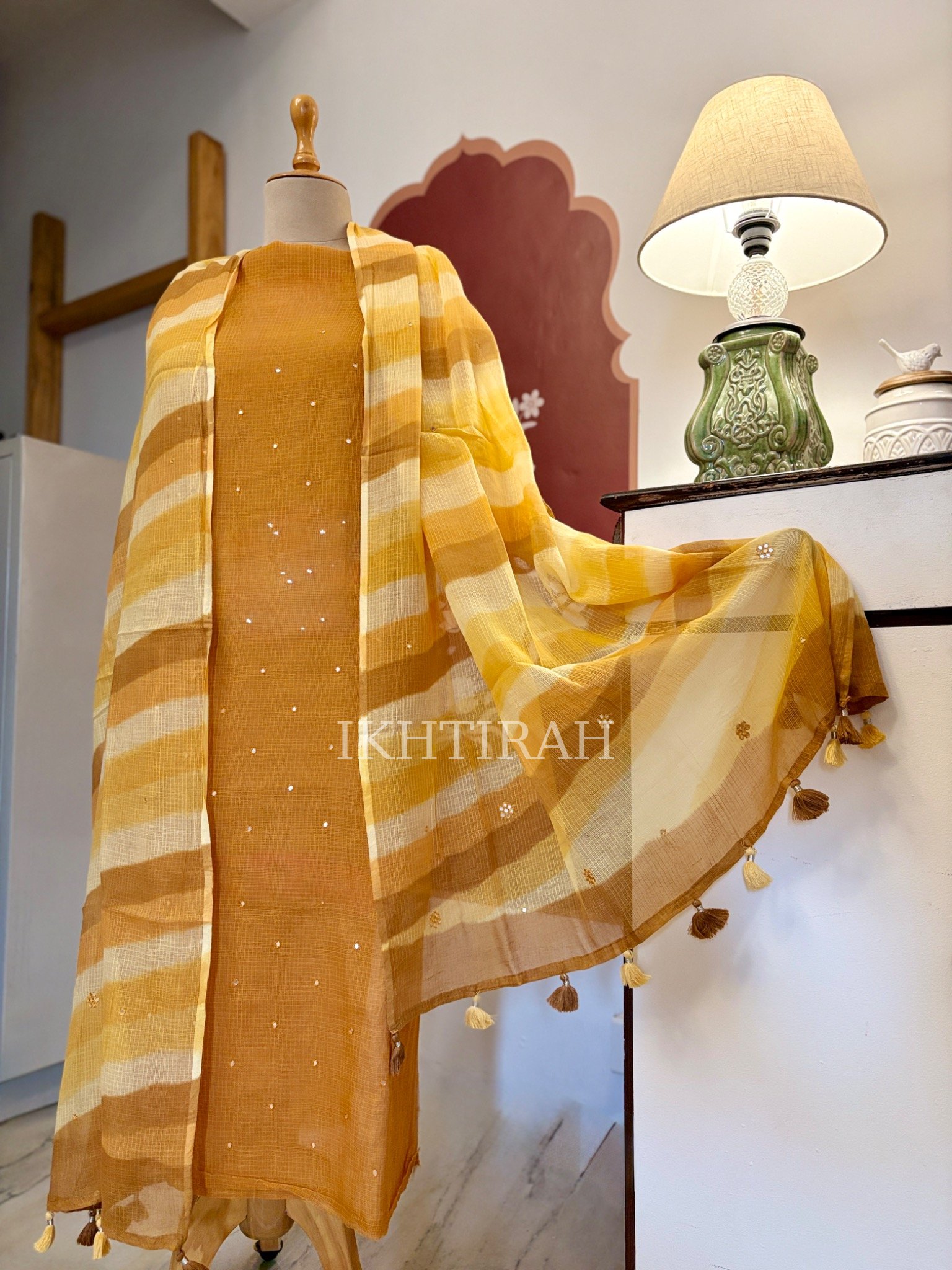 Hand Brush Painted Pure Cotton Kota by Kota with hand abla work Salwars by Ikhtirah (Mustard) - Image 3