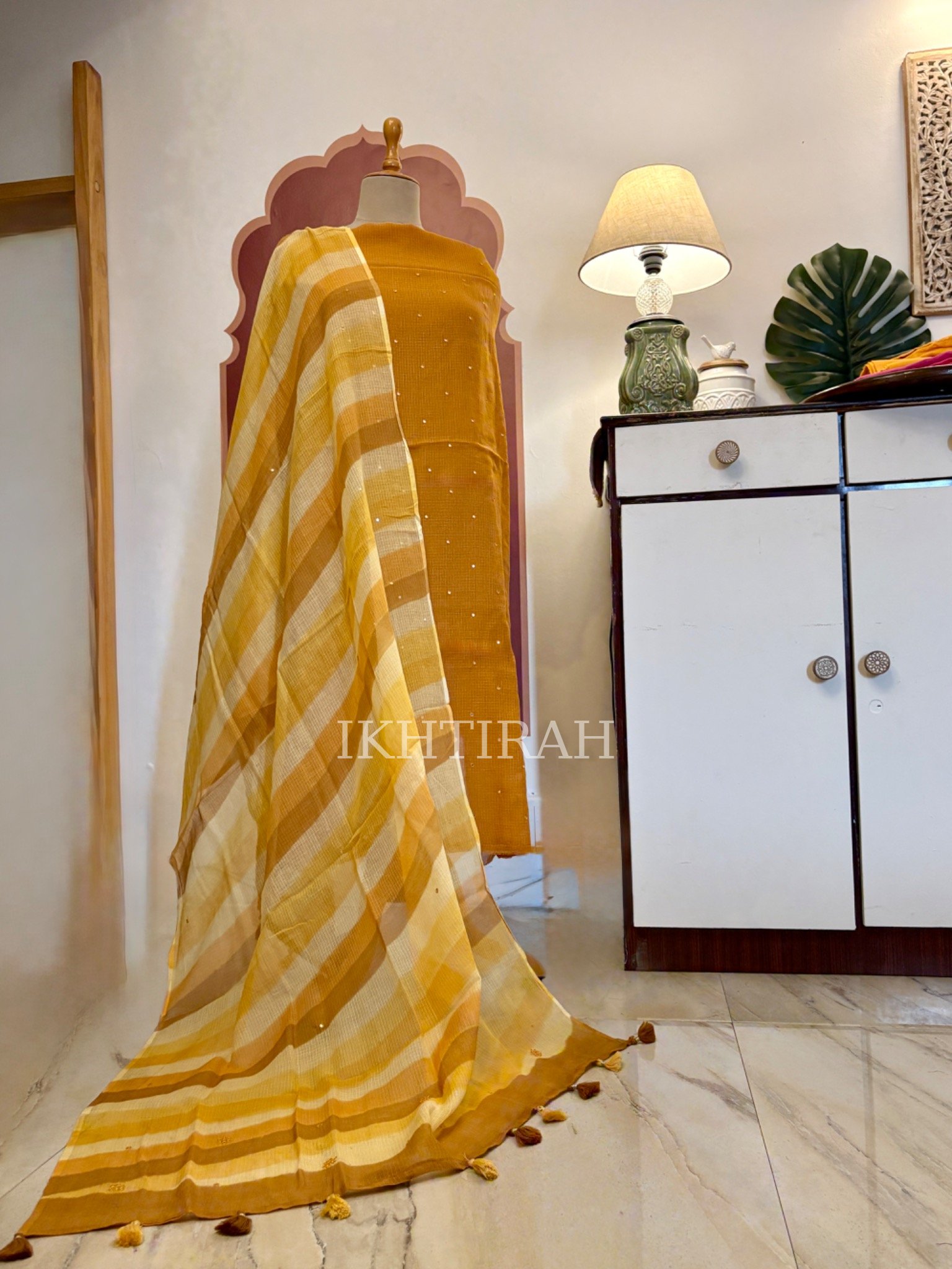 Hand Brush Painted Pure Cotton Kota by Kota with hand abla work Salwars by Ikhtirah (Mustard) - Image 2