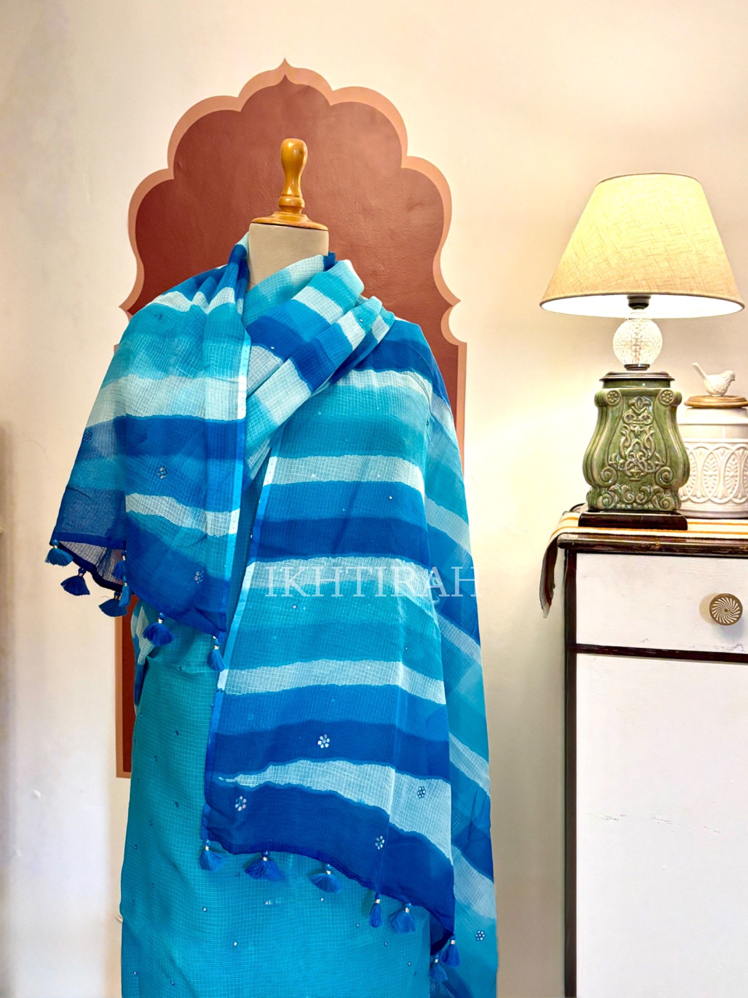 Hand Brush Painted Pure Cotton Kota by Kota with hand abla work Salwars by Ikhtirah (Blue) - Image 2