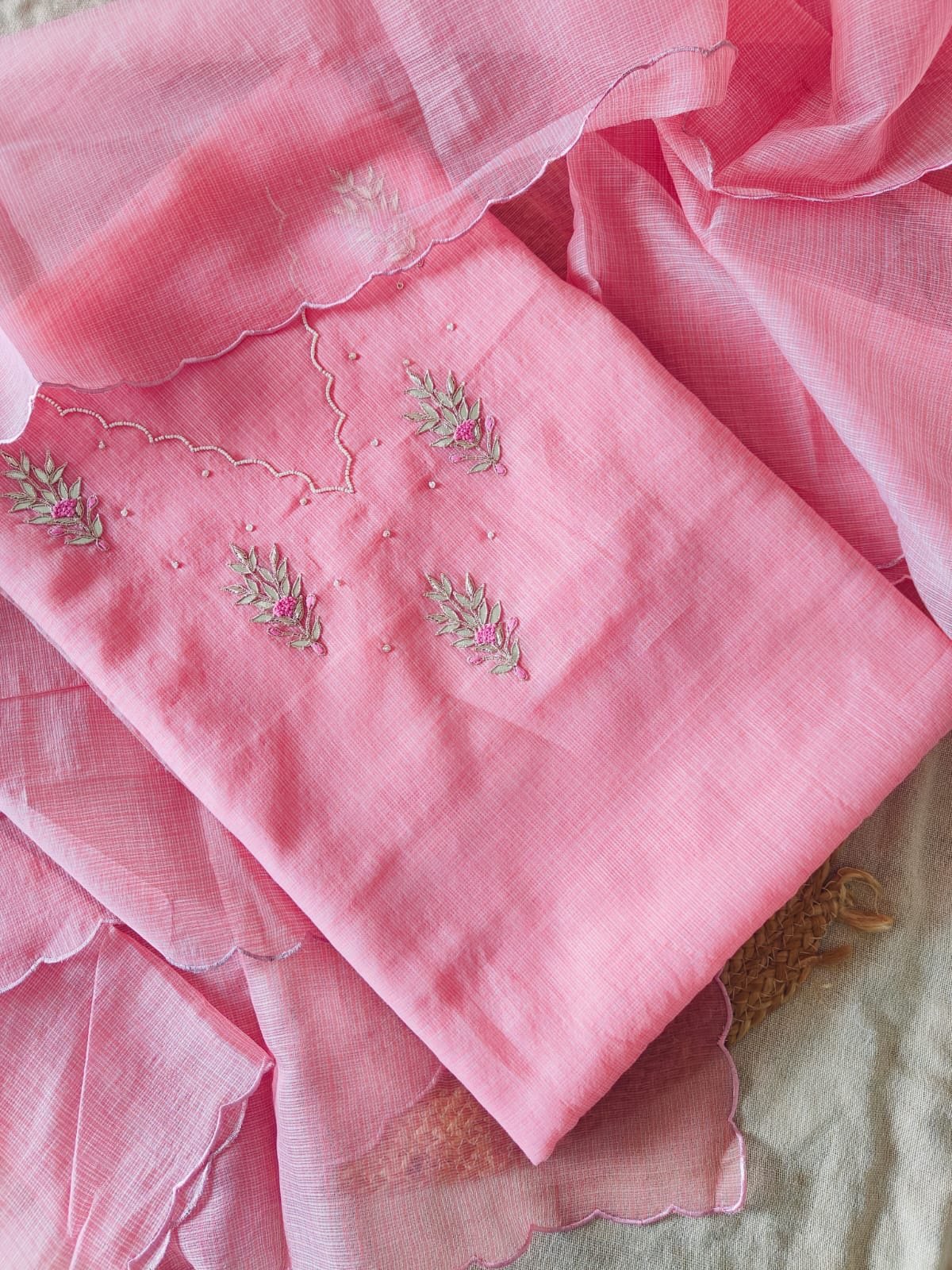 Hand Embroidered Pure Cotton Kota by Kota Salwars by Ikhtirah (Pink) - Image 3