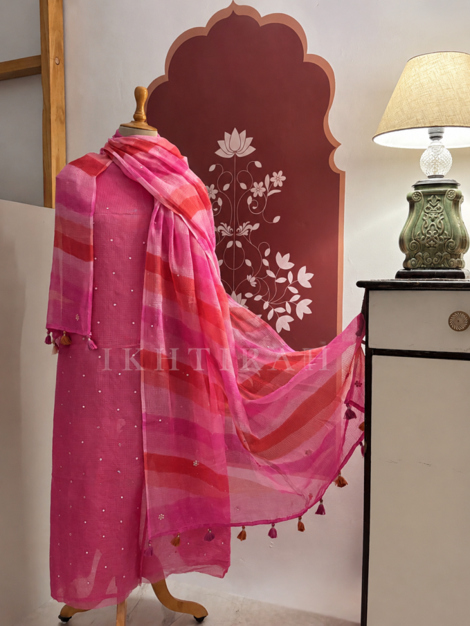 Hand Brush Painted Pure Cotton Kota by Kota with hand abla work Salwars by Ikhtirah (Pink)