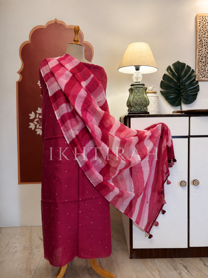 Hand Brush Painted Pure Cotton Kota by Kota with hand abla work Salwars by Ikhtirah (Watermelon)