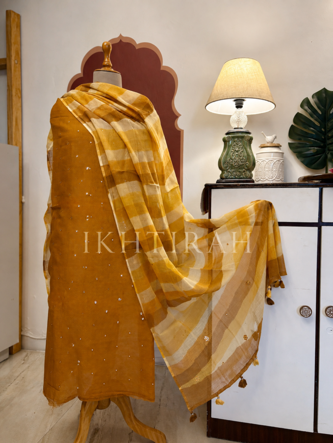 Hand Brush Painted Pure Cotton Kota by Kota with hand abla work Salwars by Ikhtirah (Mustard)
