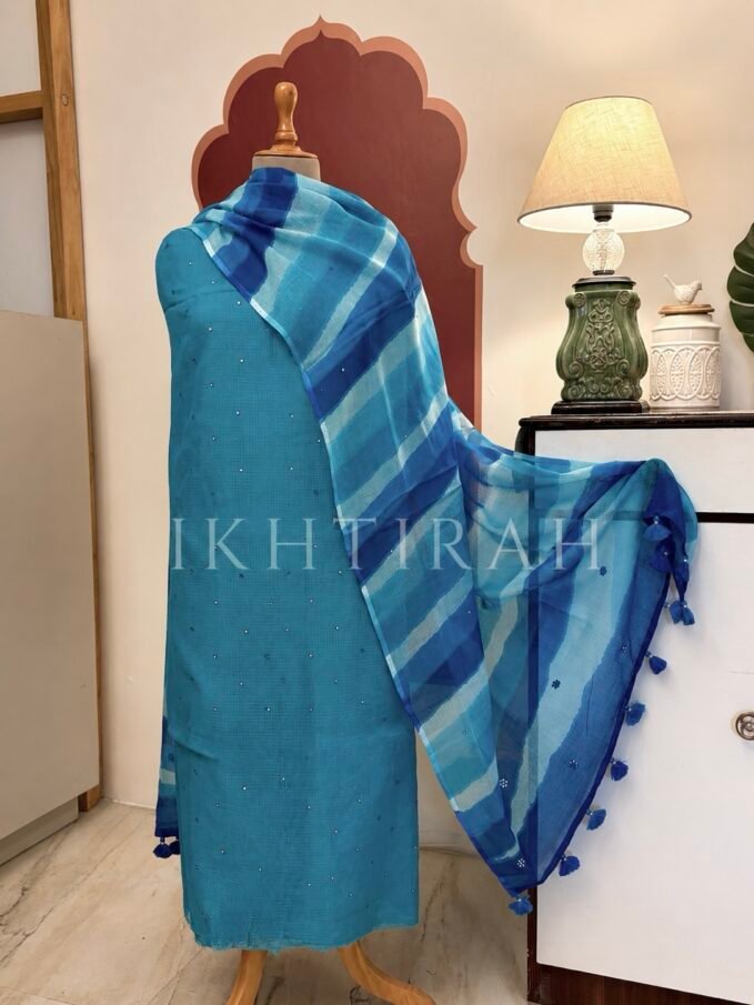 Hand Brush Painted Pure Cotton Kota by Kota with hand abla work Salwars by Ikhtirah (Blue)