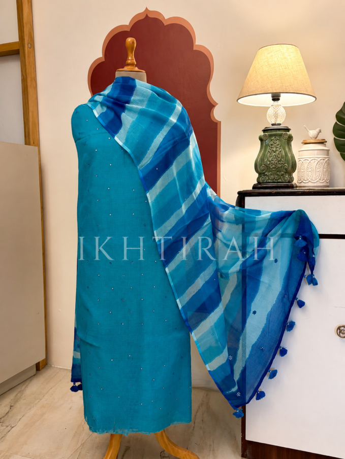 Hand Brush Painted Pure Cotton Kota by Kota with hand abla work Salwars by Ikhtirah (Blue)