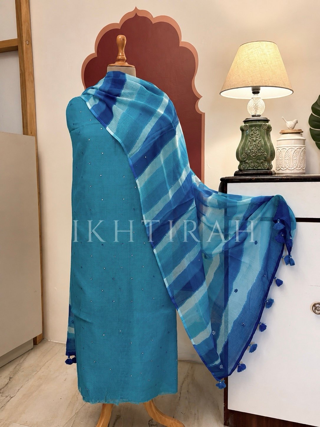 Hand Brush Painted Pure Cotton Kota by Kota with hand abla work Salwars by Ikhtirah (Blue)