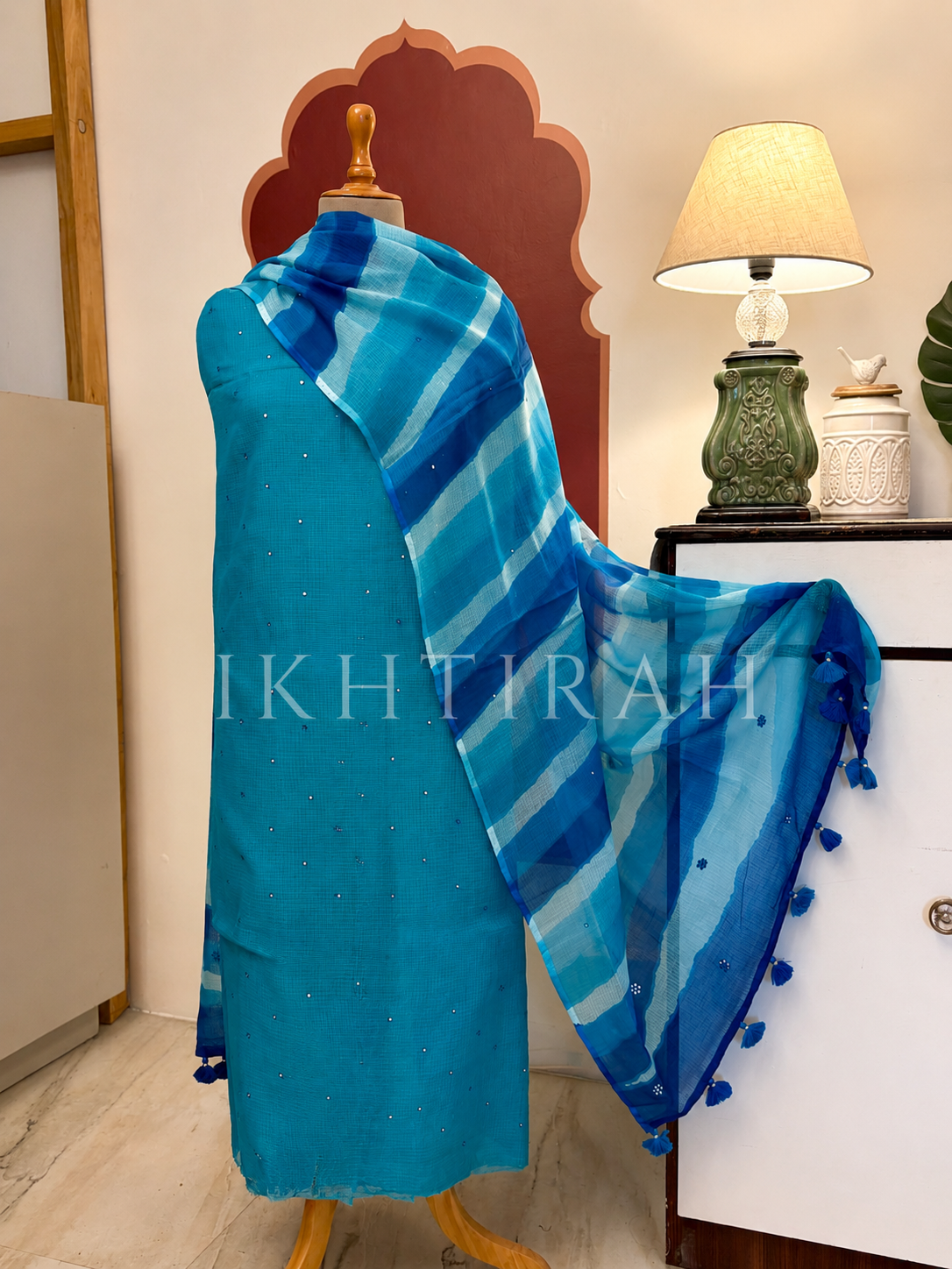 Hand Brush Painted Pure Cotton Kota by Kota with hand abla work Salwars by Ikhtirah (Blue)