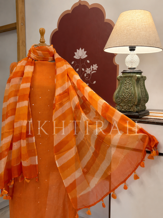 Hand Brush Painted Pure Cotton Kota by Kota with hand abla work Salwars by Ikhtirah (Orange)