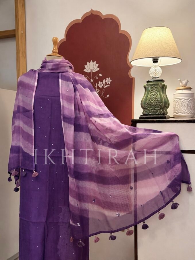 Hand Brush Painted Pure Cotton Kota by Kota with hand abla work Salwars by Ikhtirah (Purple)