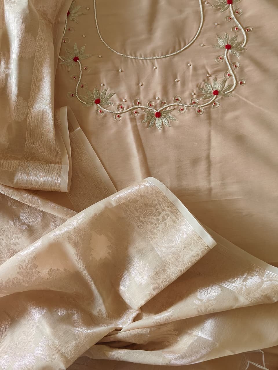 Hand Embroidered Cotton Silk Salwar Paired with Banarasi Dupatta by Ikhtirah (Beige) - Image 6