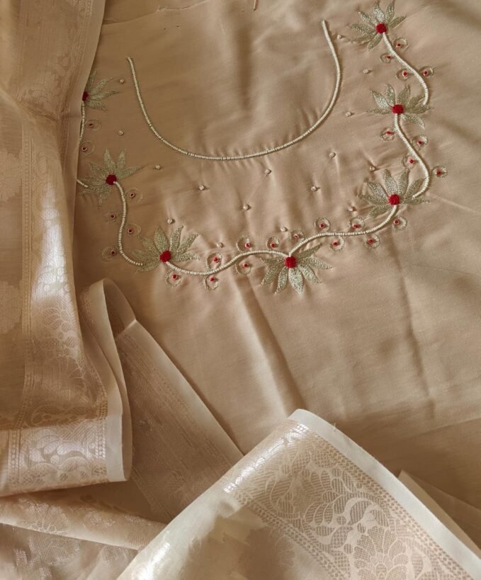 Hand Embroidered Cotton Silk Salwar Paired with Banarasi Dupatta by Ikhtirah (Beige)