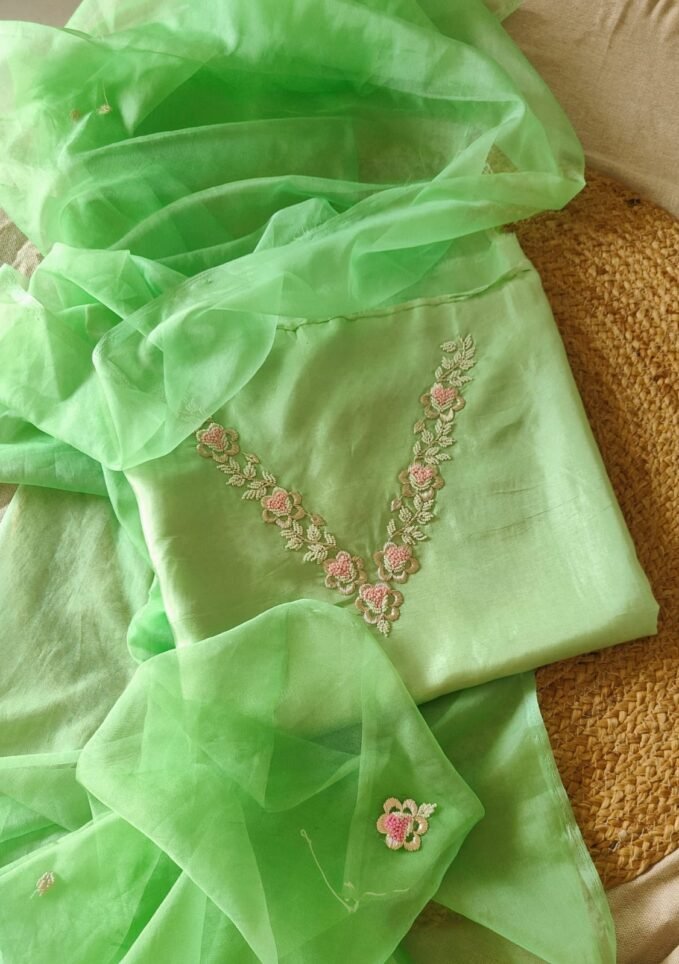 Hand Embroidered Upada Silk Salwars with Hand Embroidered Organza Duppata by Ikhtirah