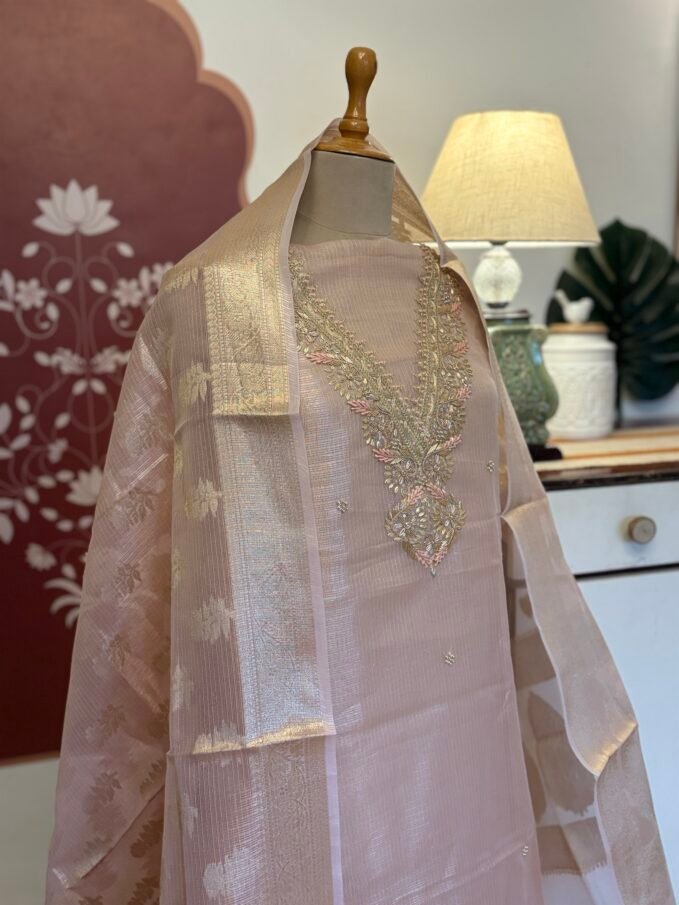 Hand Embroidered Zari Tissue Kota Salwars by Ikhtirah