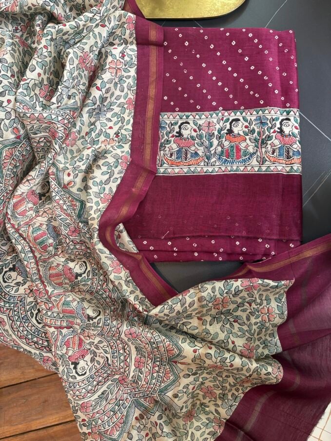 Madhubani Bandhej Pure Maheshwari Silk Printed Salwars by Ikhtirah (Wine)