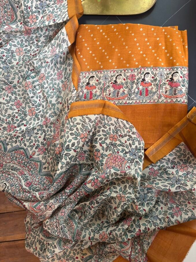 Madhubani Bandhej Pure Maheshwari Silk Printed Salwars by Ikhtirah (Orange)