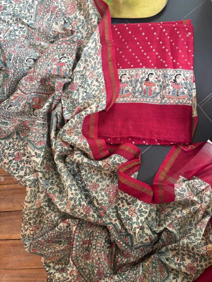 Madhubani Bandhej Pure Maheshwari Silk Printed Salwars by Ikhtirah (Red)