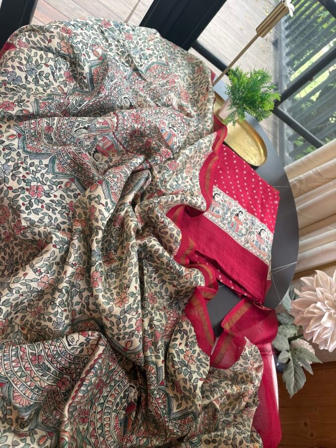 Madhubani Bandhej Pure Maheshwari Silk Printed Salwars by Ikhtirah (Red)
