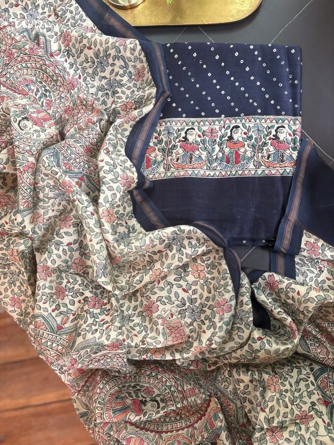 Madhubani Bandhej Pure Maheshwari Silk Printed Salwars by Ikhtirah (Navy Blue)