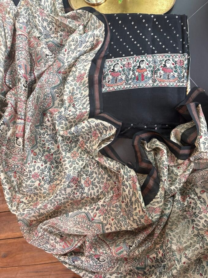 Madhubani Bandhej Pure Maheshwari Silk Printed Salwars by Ikhtirah (Black)