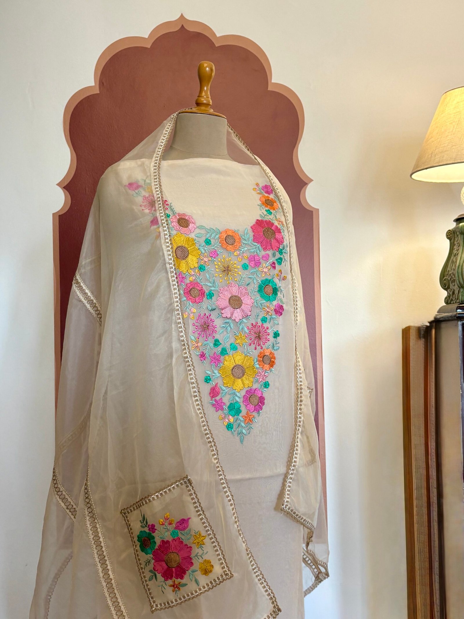 Floral Embroidered Organza Salwar Ikhtirah (Milky White)