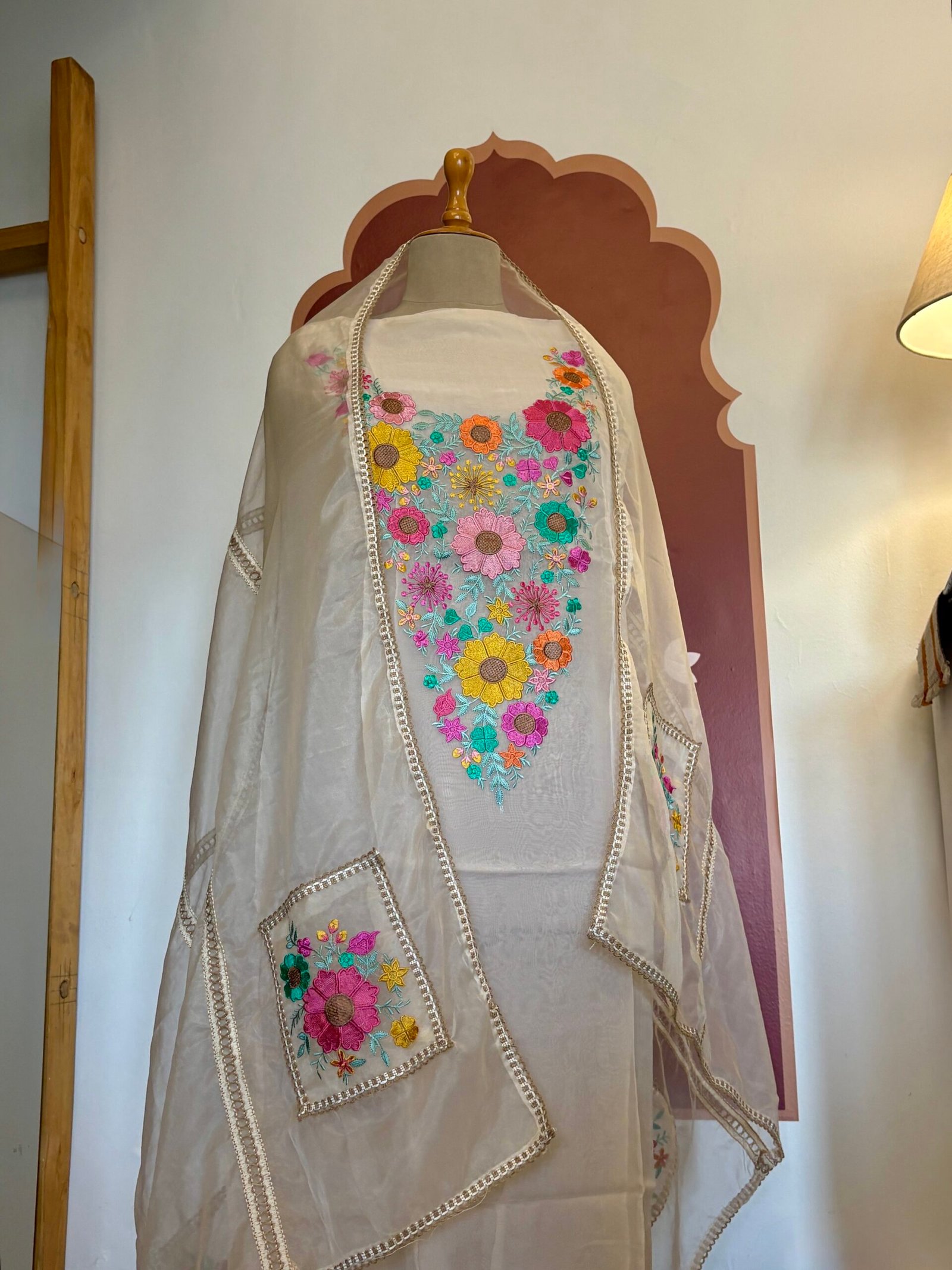 Floral Embroidered Organza Salwar Ikhtirah (Milky White) - Image 11