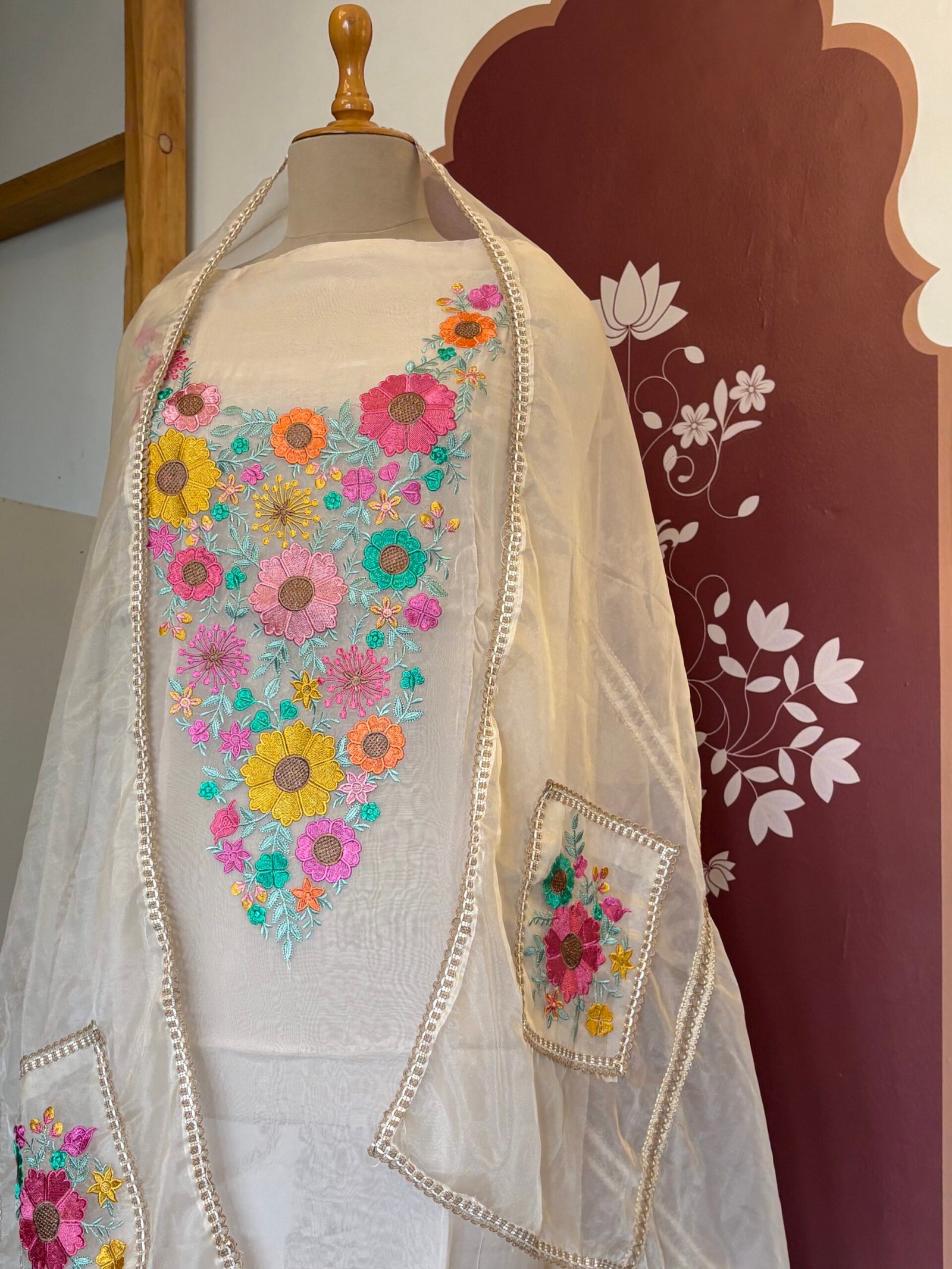 Floral Embroidered Organza Salwar Ikhtirah (Milky White) - Image 4