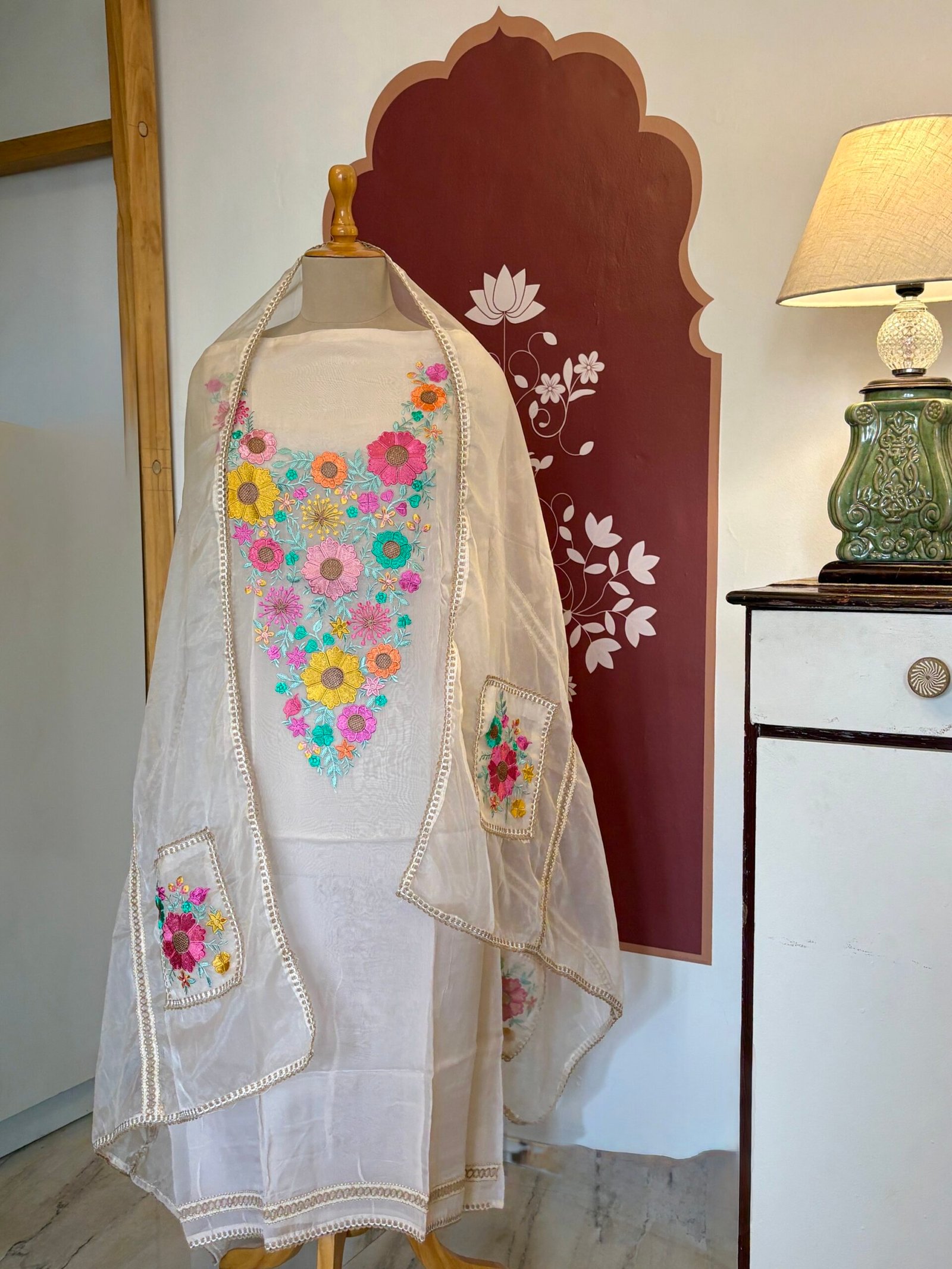 Floral Embroidered Organza Salwar Ikhtirah (Milky White) - Image 8