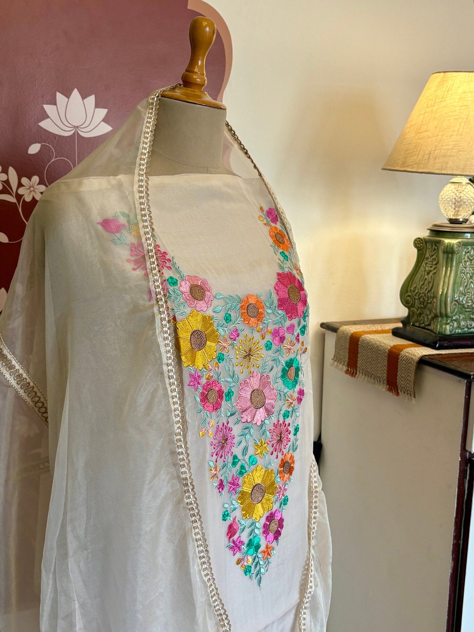 Floral Embroidered Organza Salwar Ikhtirah (Milky White) - Image 10