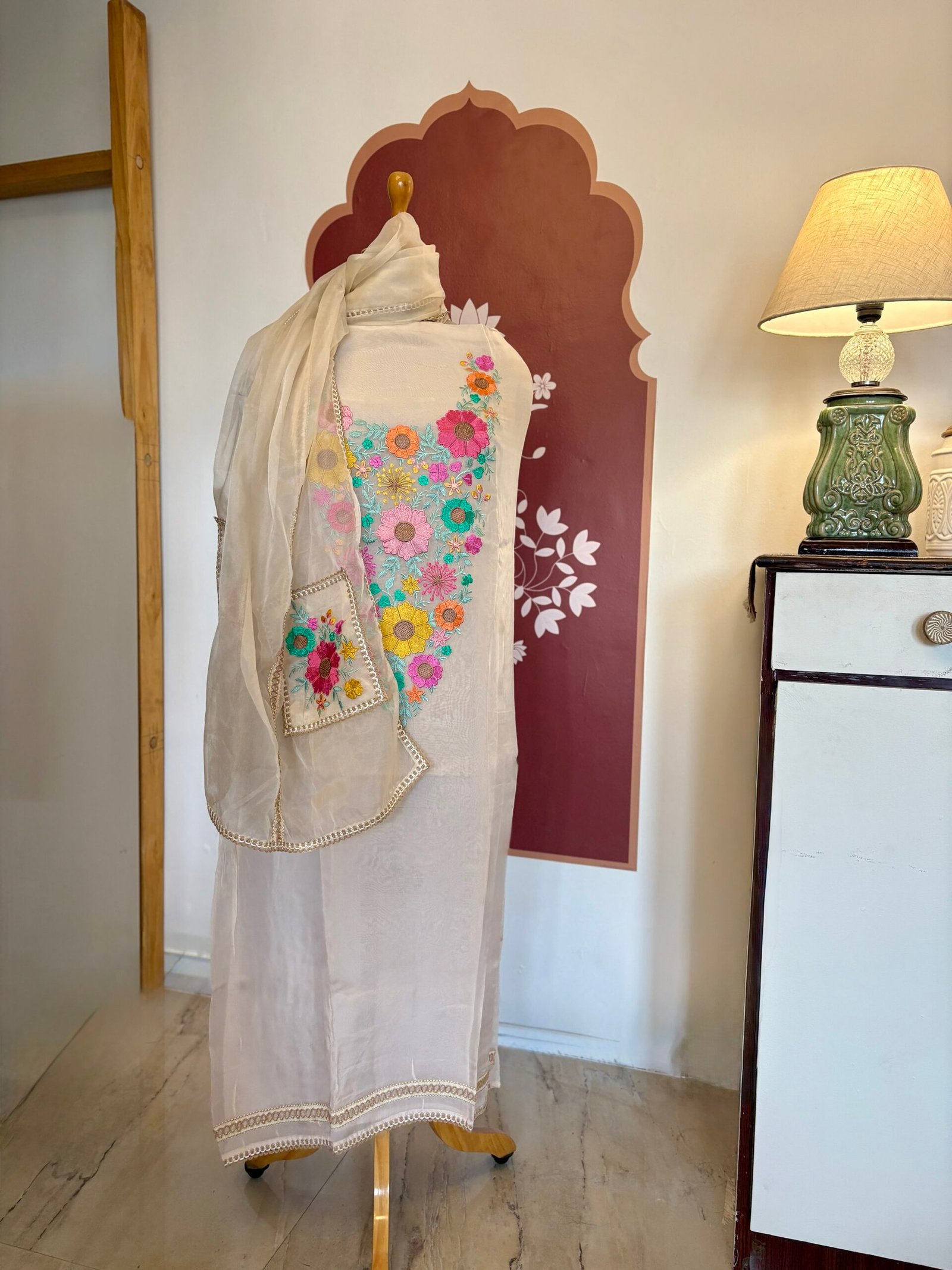 Floral Embroidered Organza Salwar Ikhtirah (Milky White) - Image 6