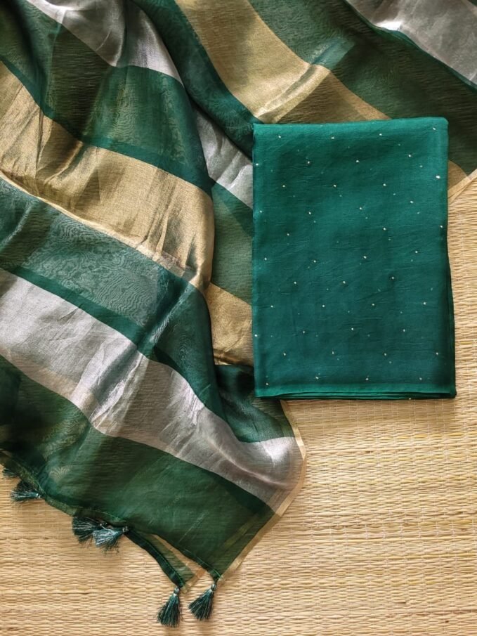 Mukaish embellished Pure Organza Kora Silk Unstitched Salwar Suit (F)