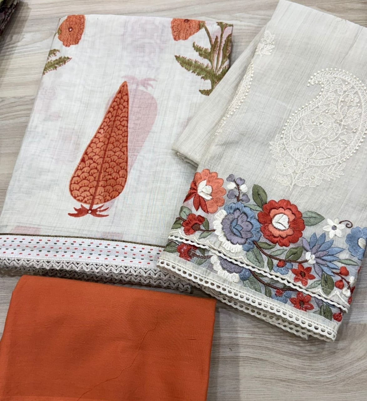 Handblocked Chanderi Cotton Salwar Unstitched Salwar Suit with Parsi Gara Embroidered Maheshwari Woven Dupatta by Ikhtirah (Orange) - Image 2